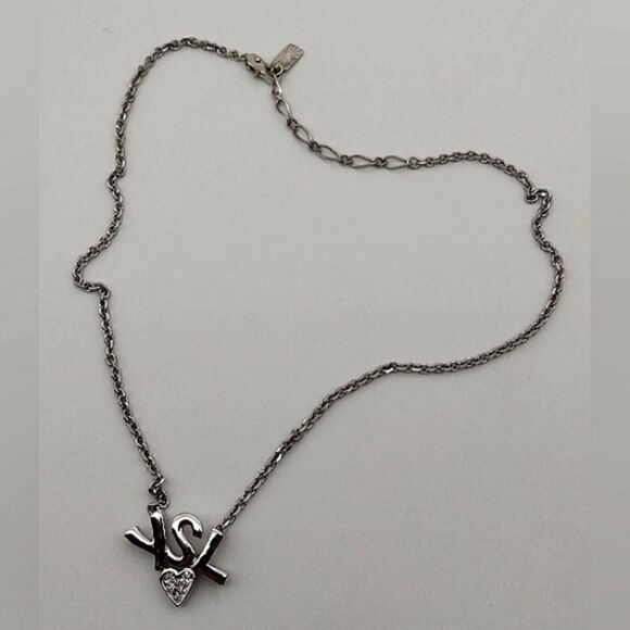 YSL Yves Saint Laurent Rhinestone Heart Silver Necklace Choker Jewelry Authentic - Picture 3 of 15